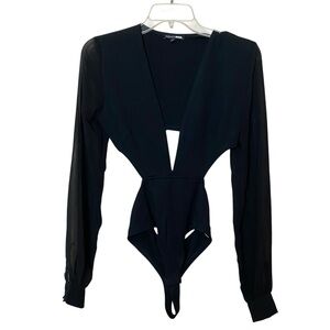 Fashion Nova Size Small Chic Black Sheer Long Sleeve Cut Out Back Bodysuit